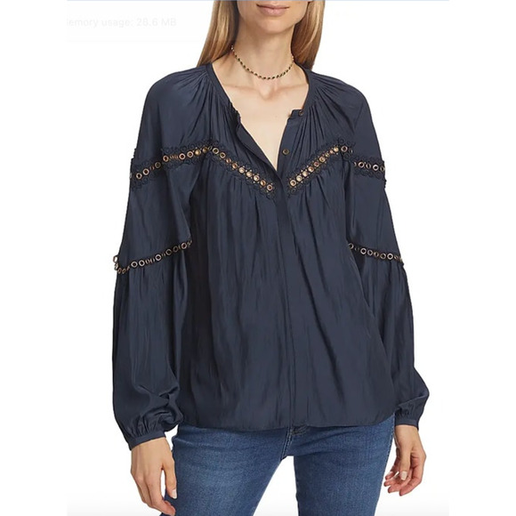 RAMY BROOK Top NEW Size M Navy Blue Blouse Grommets $365 Long Sleeve - Picture 1 of 7